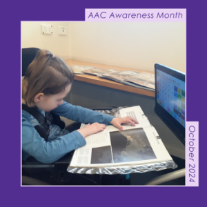 dark purple border with photo of Isabelle sitting and reading a magazine with her eye controlled AAC device in front of her.