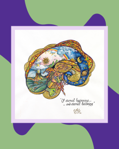 purple and green background with a picture of Faith's artwork of a dragon with landscapes, a volcano, the sun and a pinky sky, a rainbow, clouds and a night sky. Text reads: Of enternal beginning ... and eternal becoming.