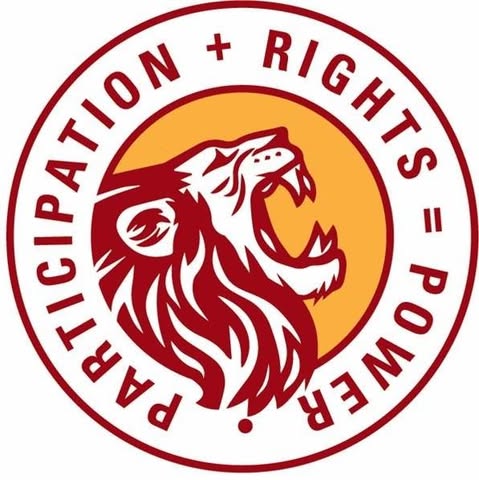 Our Voice SA logo. A circle with a lion in it. The words ‘participation plus rights equals power’ are written around it