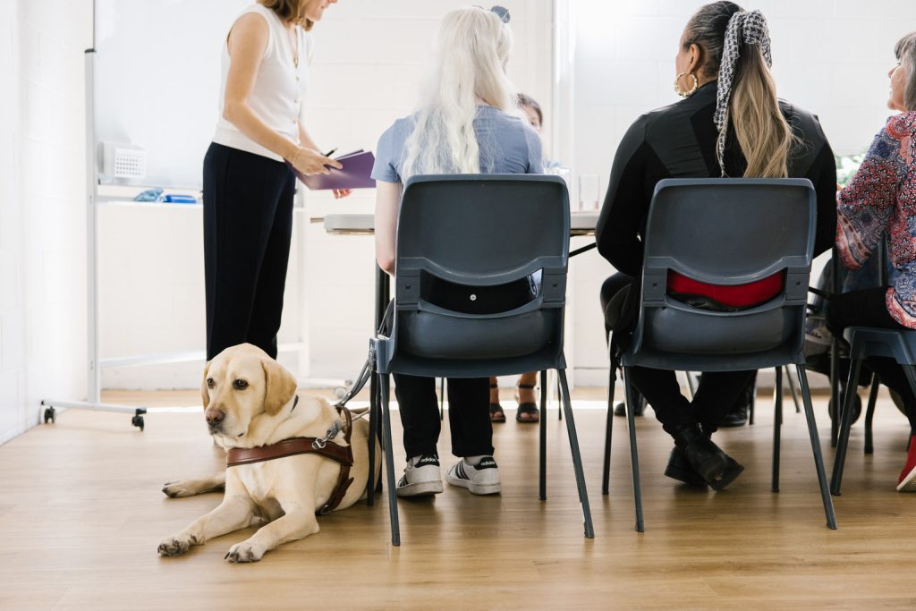 People sit at a table at a meeting. One person has a guide dog with them.