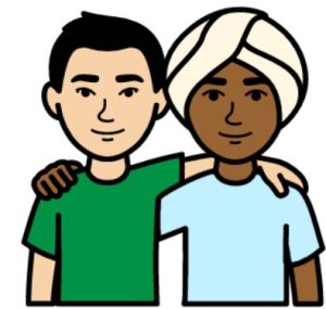 Cartoon drawing of 2 men with their arms around each other’s shoulders. Man on the left has black hair and the man on the right has a turban.