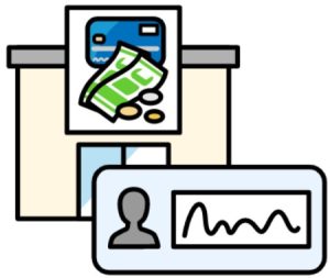 Cartoon drawing of a bank with a credit card and money in front of it. There is a rectangle with a symbol of a person with a squiggle next to it.