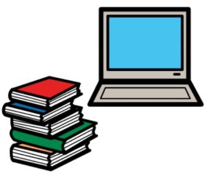 Cartoon drawing of a stack of different coloured books and a computer.