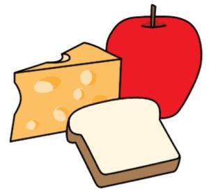 Cartoon drawing of a piece of cheese, a red apple and a slice of white bread.