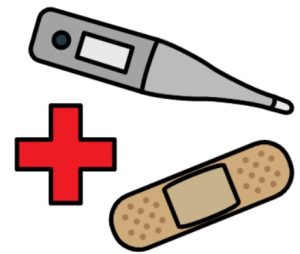 Cartoon drawing of a red first aid cross, a grey thermometer, and a band-aid.