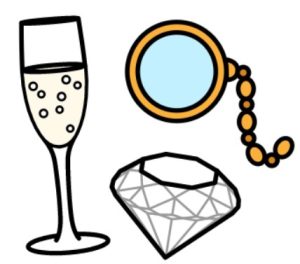 Cartoon drawing of a filled champagne glass, a beaded magnifying glass and a diamond.