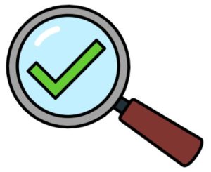 Cartoon drawing of a magnifying glass with a green tick.