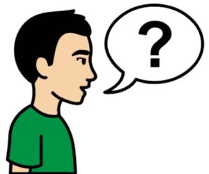 Cartoon drawing of a man with black hair and a green t-shirt. There is a speech bubble with a question mark inside it coming from his mouth.