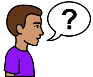 Cartoon drawing of a man with brown hair and a purple t-shirt. There is a speech bubble with a question mark inside it coming from his mouth.
