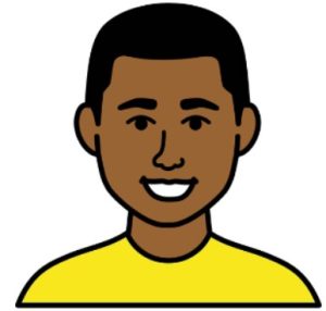 Cartoon drawing of a smiling man with short, dark hair and a yellow t-shirt.