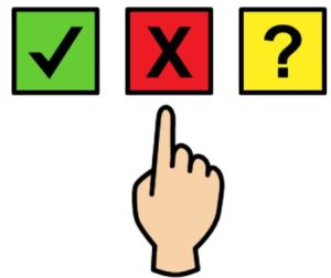 Cartoon drawing of 3 boxes with a tick, cross and question mark. A hand is pointing to the box with a cross in it.