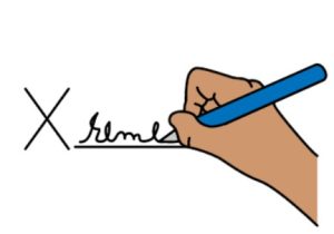 Cartoon drawing of a hand holding a blue pen and signing their name on a line.