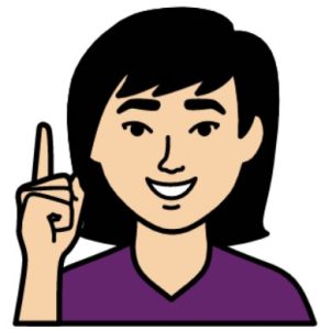 Cartoon drawing of a smiling woman in a purple t-shirt, pointing upward.