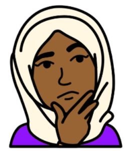 Cartoon drawing of a woman in a hijab with her hand on her chin and an expression that shows she is thinking.