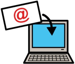 Cartoon drawing of a laptop and an envelope with the @ symbol on it. An arrow is pointing from the envelope to the screen of the laptop.