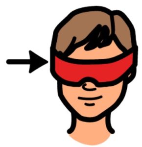Cartoon drawing of a man with brown hair wearing a red blindfold. There is a black arrow pointing to the blindfold.