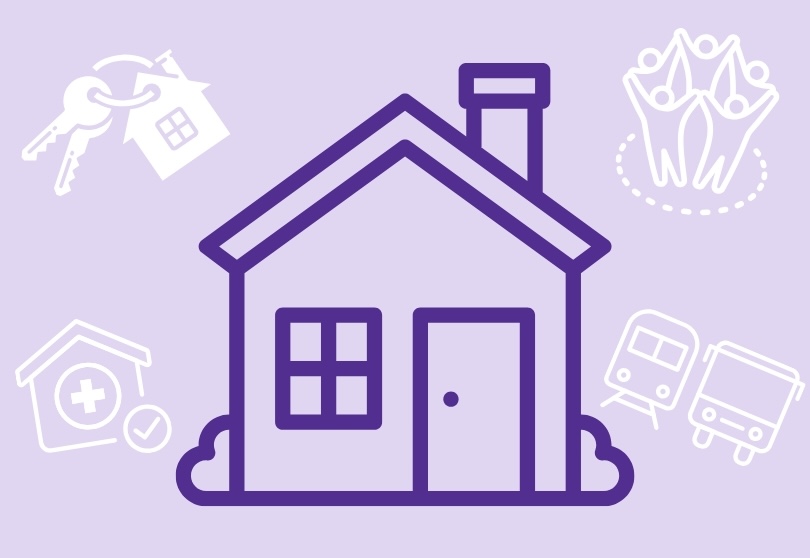 Purple house icon in the center, surrounded by icons representing various housing-related themes: a key and house (top left), a medical centre (bottom left), a group of people in a circle (top right), and public transport symbols including a train and bus (bottom right). The background is light purple.