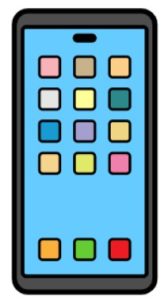Cartoon drawing of a smartphone. On the screen, there are many colourful square icons.