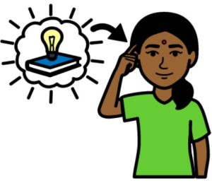 Cartoon drawing of a woman with black hair next to a cloud that has a light bulb and a book in it. There is an arrow pointing from the cloud to her head.