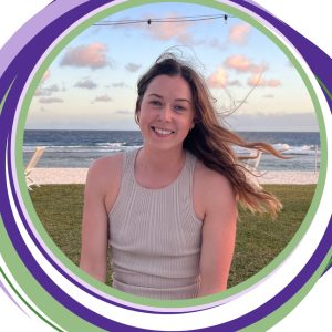 Smiling woman seated by the beach, framed in purple and green circles.