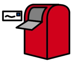 Cartoon drawing of an envelope and a red post box.
