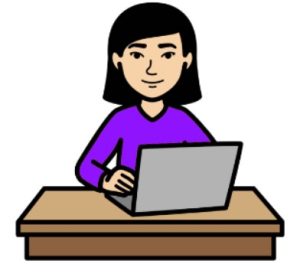 Cartoon drawing of a smiling woman sitting at a desk. She has a laptop in front of her.