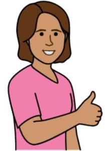 Cartoon drawing of a woman smiling with brown hair and a thumbs up.