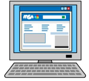 Cartoon drawing of a grey computer with a website on the screen.