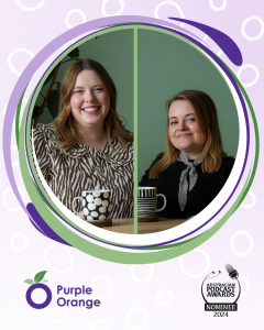 Light purple background with white spot accents. Swirling green and dark purple accents around a photo of Belle and Jasmin. Purple Orange and Australian Podcast Awards logos at bottom.