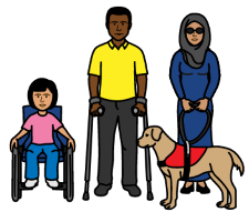 Cartoon drawings of a young wheelchair user, a man with walking aids, and a blind woman with a guide dog.