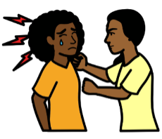 Cartoon drawing of a man with his fists raised towards a woman who is crying.