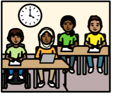 Cartoon drawing of students sitting at desks. One student is a wheelchair user.
